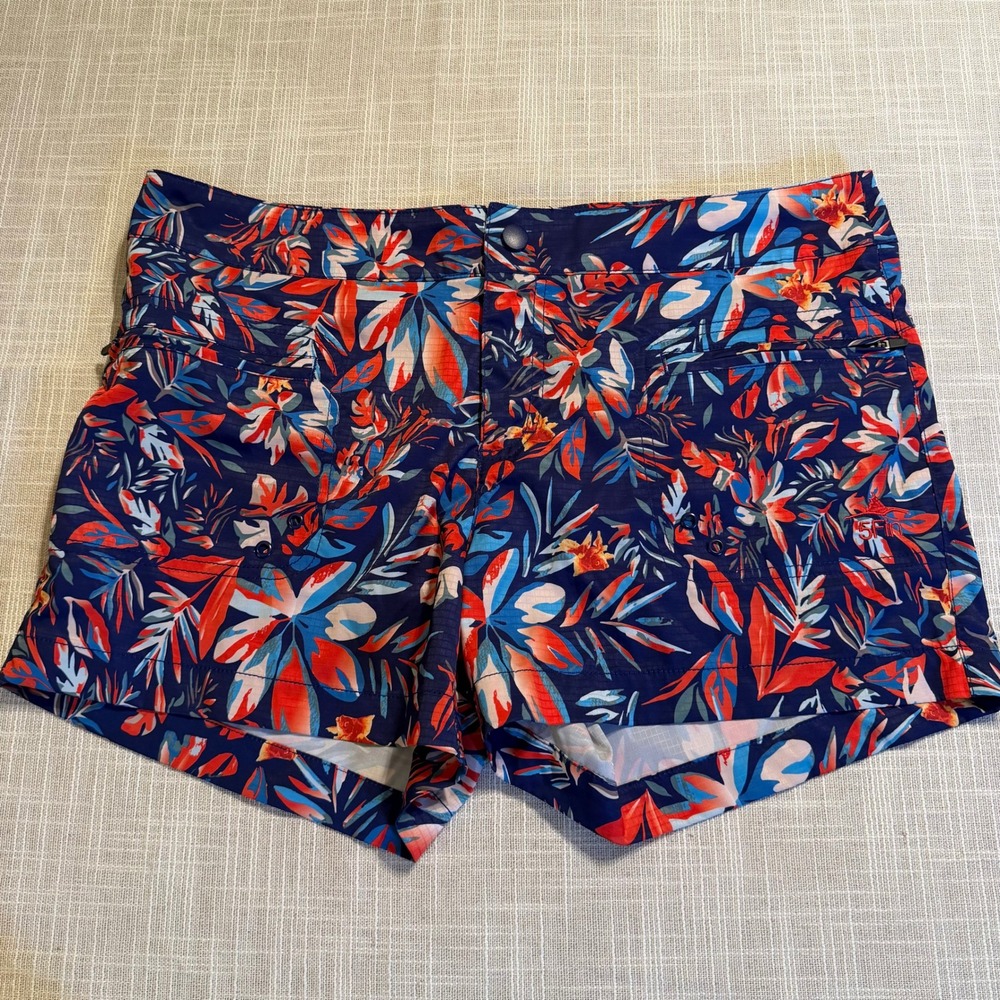 5Fin Womens Navy Blue Tropical Floral Performance Fishing Shorts Size 10 Ripstop